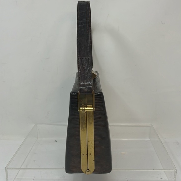 Harry Revits Lizard Reptile Dark Brown and Brass Structured Leather Box Handbag - Picture 6 of 13